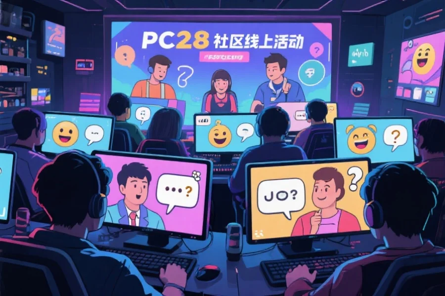 PC28社区线上活动场景,玩家通过电脑屏幕参与问答和讨论,画面中充满互动表情与气氛
