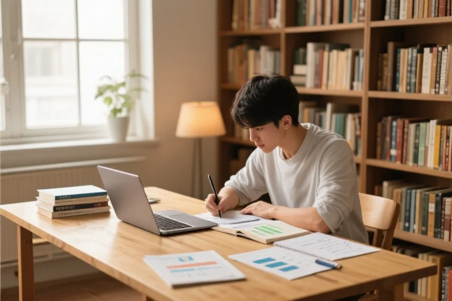 一名初学者在安静的书房里认真学习数据分析,桌上有笔记本电脑、统计书籍和手写笔记,环境温馨有活力